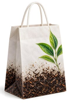 Paper shopping bag printed with green tea leaves and dry tea leaves