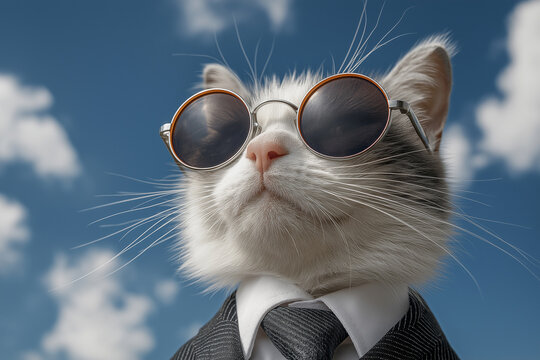 A cat wearing sunglasses and a suit with a tie