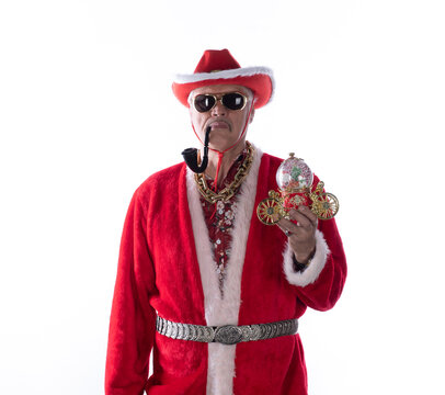 Portrait of a man in a Christmas cowboy hat, isolated on a white background.