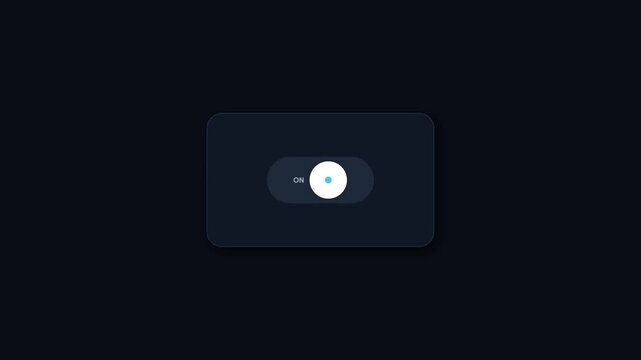 Smooth sliding motion of a minimalist digital toggle switch transitioning to the ON state on a dark blue UI interface for tech app control animation.