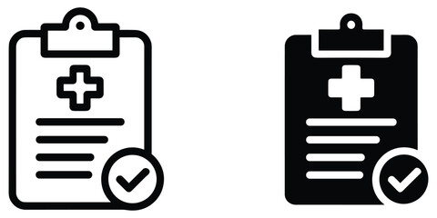 Medical clipboard checkmark icons in outline and solid styles for patient records and health exams © MdNurul