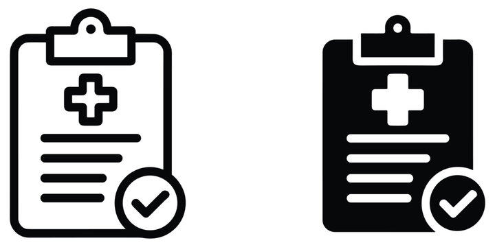 Medical clipboard checkmark icons in outline and solid styles for patient records and health exams