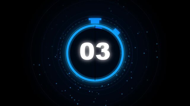 Futuristic blue digital countdown timer displaying 02 with glowing circular interface rings and particles on a dark seamless motion background