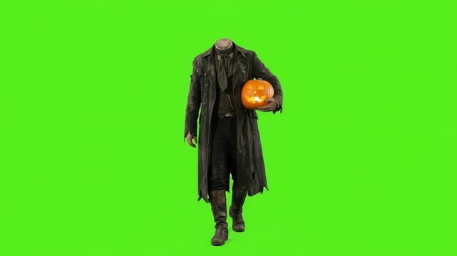 Cinematic 4K Creepy Headless Horseman Figure Walking with Glowing Pumpkin on Chroma Key Green Screen for Compositing