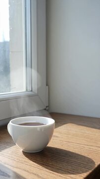 Steam rising from a cup of hot tea by a window vertical video