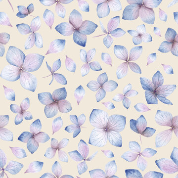 Blue and lilac watercolor hydrangea seamless floral pattern