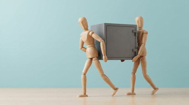 Two wooden figures carrying a gray safe together