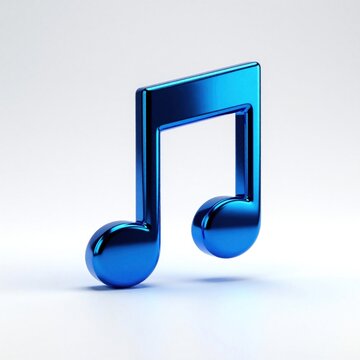 Shiny blue musical note icon with metallic texture. 3D glossy melody symbol on white background. Abstract sound concept for music app design audio production. Creative rhythm graphic represents song,