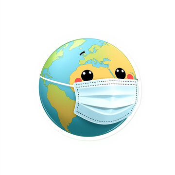 Cute kawaii globe wearing a medical face mask sticker