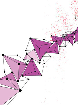 Dynamic pink polygons with black lines and scattered red particles on white