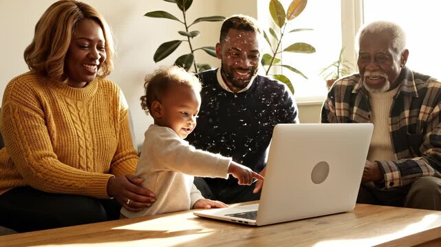 Multigenerational family gathers watching child use laptop at table. Family watches toddler working on computer together. Child uses laptop while family observes. Sunlight illuminates family group.