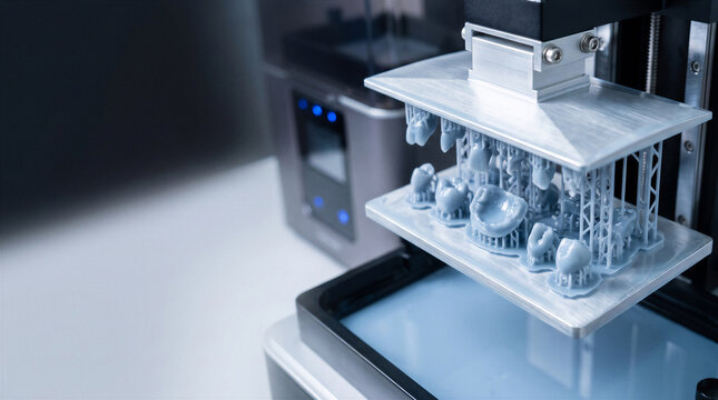 A 3D printer platform rising with newly printed resin dental crowns and components in a laboratory.