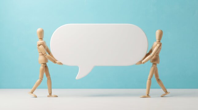 Two wooden mannequins holding speech bubble conversation