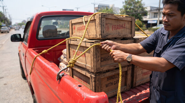 Cargo secured: A man securing wooden crates with rope in the bed of a red pickup truck, ready for transport.