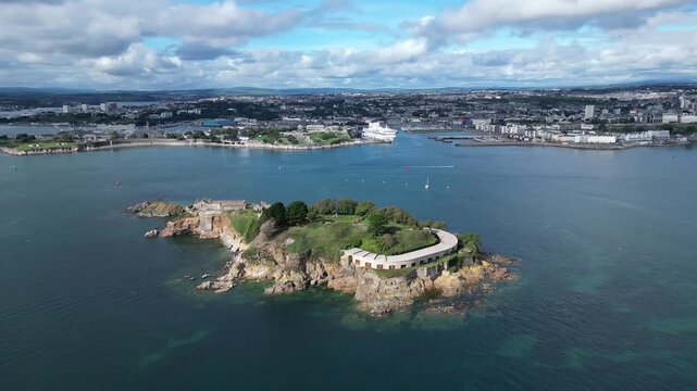Plymouth, Devon, England: DRONE VIEWS: Plymouth Sound, Drake's Island, River Tamar, Devonport dockyard, Royal William Yard, passenger ferry, Millbay pier & the River Plym. Plymouth is a busy UK port.