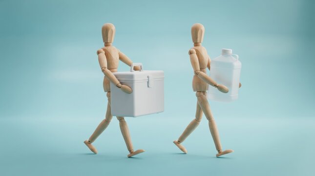 Wooden mannequins carrying box and bottle