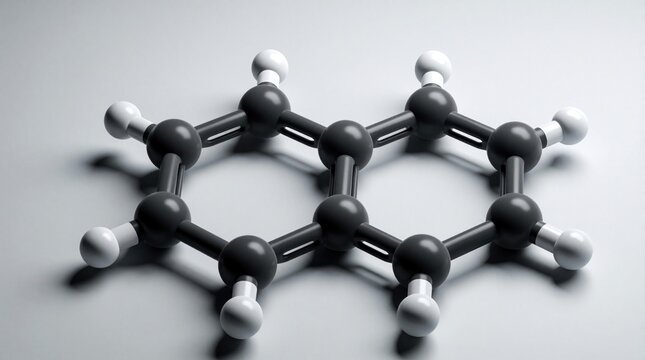 3D model of naphthalene molecule with two fused benzene rings. Black carbon atoms, white hydrogen atoms connect via chemical bonds. Organic compound structure shows hexagonal aromatic ring pattern