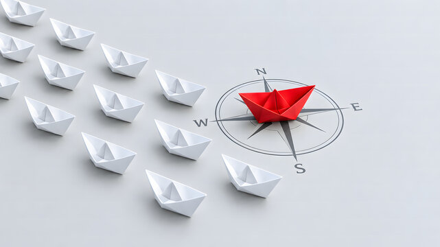 Red paper boat on compass leading white paper boats