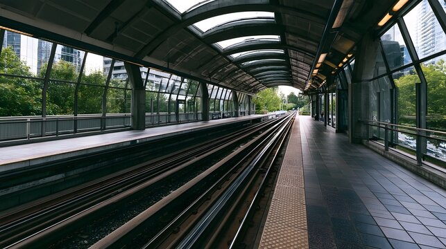 Modern elevated train station platform with curved glass roof and parallel tracks under daylight