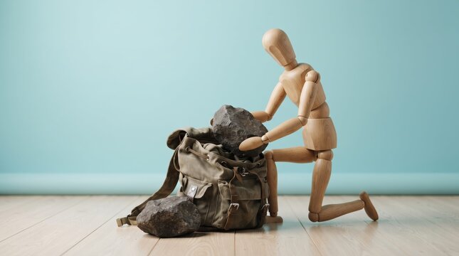 Wooden man struggling with a heavy old backpack
