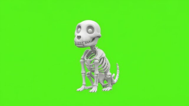 Animated 4K Stylized Primate Skeleton Character Talking and Opening Its Mouth on a Solid Green Screen Chroma Key Background for Compositing