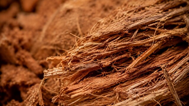 Natural coconut coir fiber texture in close-up. Brown shredded husk fibers for gardening and industrial material