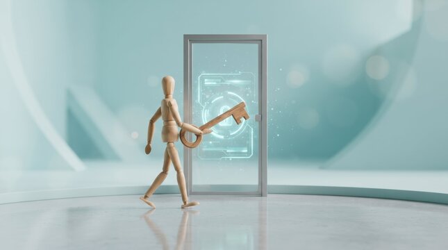 3d figure opening futuristic door with key