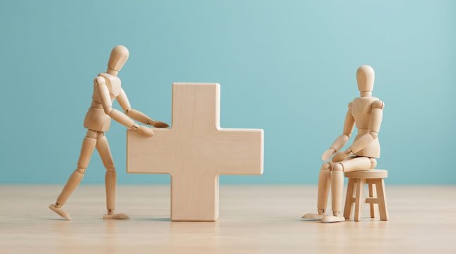Mannequin helping another with large wooden puzzle piece