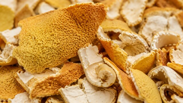 Dried orange and lemon peel fragments in close-up. Coarse citrus zest and rind potpourri texture