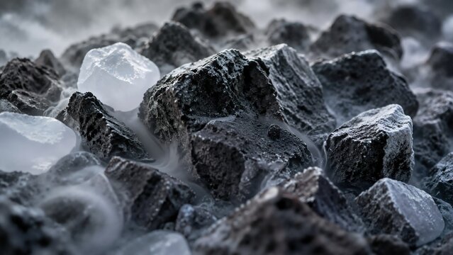 Dry ice pieces sublimating among dark volcanic rocks. Solid carbon dioxide cold vapor effect