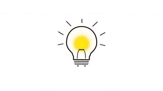 Minimalist hand drawn doodle lightbulb flickering and bursting bright yellow glowing rays around the bulb for eureka moment concept in a seamless loop 4K stop motion animation Alpha 