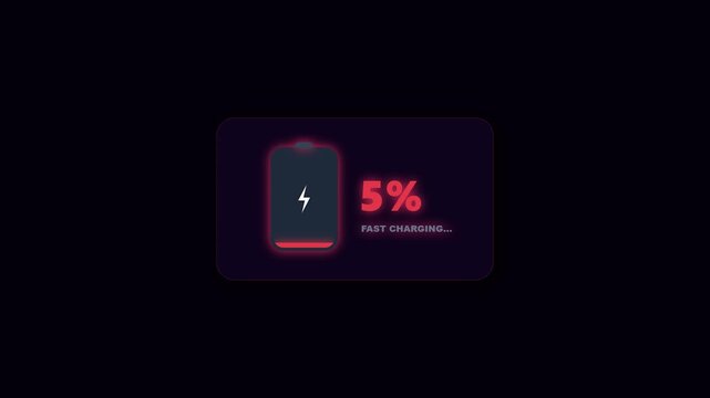 Pulsing neon green battery level ascending through dark digital interface with lightning bolt icon and rapid percentage counter for fast charging tech