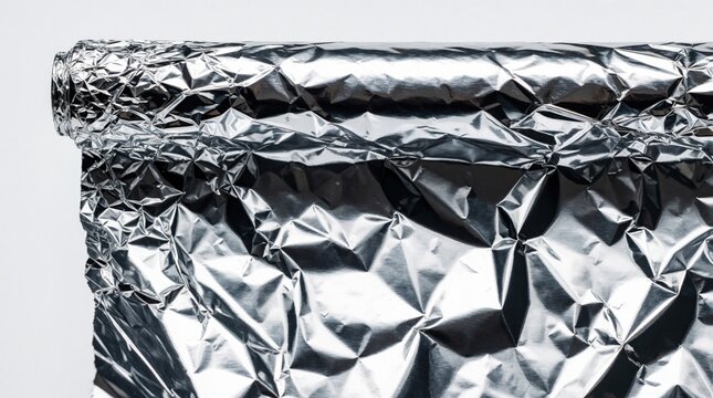 Close up of wrinkled aluminum foil roll. Shiny silver metal sheet with crumpled texture, reflective surface. Metallic foil material used for kitchen cooking food packaging. Abstract grey steel