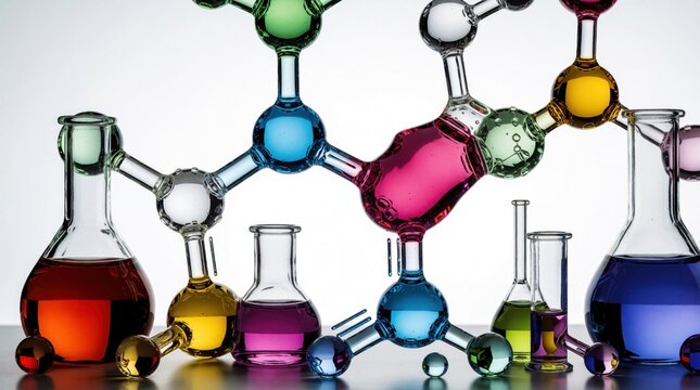 Colorful transparent molecular model structure on white background. Glass laboratory flasks filled with bright liquid connect to large chemical molecule shapes. Science research concept for
