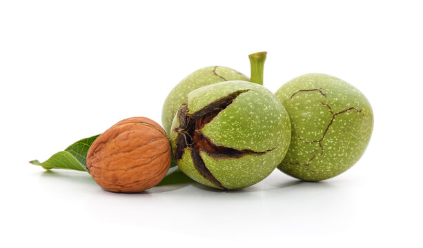 Walnuts with green husk and leaf isolated on white background.