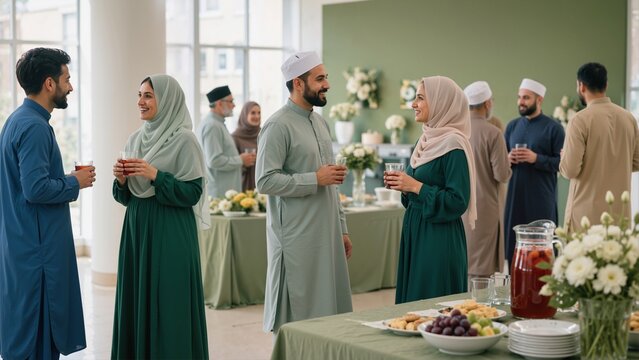 Muslim community members enjoying refreshments at an indoor celebration. Men and women conversing during a social gathering. Islamic holiday and Mawlid event concept