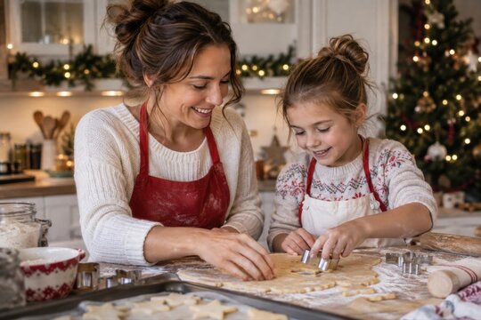 Mutter und Tochter stechen gemeinsam Pl&auml;tzchen aus Teig aus. Die weihnachtlich geschm&uuml;ckte K&uuml;che und ihre Freude zeigen eine vertraute Familientradition voller Harmonie.