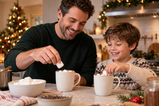 Vater und Sohn geben Marshmallows in ihre hei&szlig;en Getr&auml;nke. Weihnachtsbaum und Kerzen im Hintergrund machen die kleine Pause zu einem gem&uuml;tlichen Moment voller Harmonie.