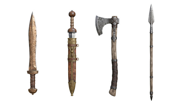 Row of four ancient weapons featuring sword, dagger, axe, and spear on black background for historical display or decoration