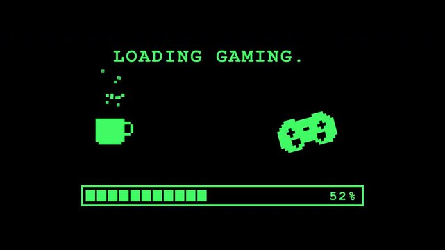 8-bit retro style loading screen with a moving gaming controller and a loading bar that perfectly reaches 100%, set on a transparent background.