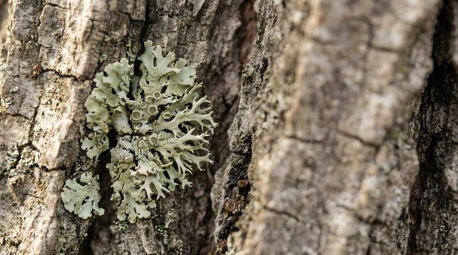 Lichen grows in patches along the rough grey bark of an old tree trunk.