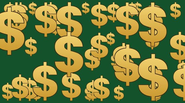 Golden dollar signs march across dark green screen in animated pattern. Cartoon currency symbols drift diagonally, representing finance, wealth, and business money themes. Horizontal seamless loop.