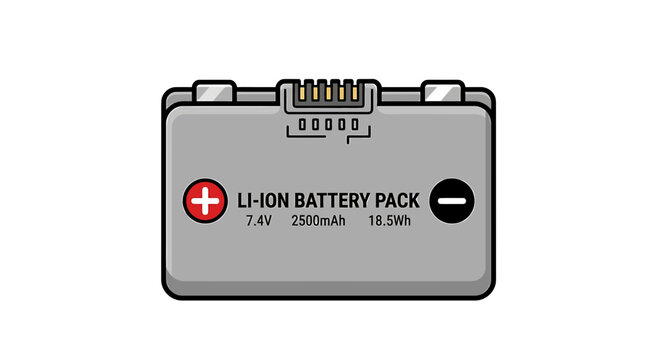 Schematic diagram of a Li-Ion battery pack icon featuring power specifications for modern energy technology