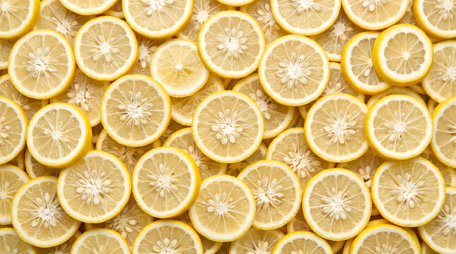 Seamless pattern of sliced yuzu citrus fruit showing seeds, top view macro background.