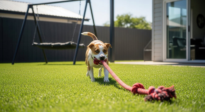 Active small dog playing tug of war with rope toy on green lawn in backyard with swing set