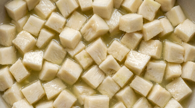 Fresh white sapote chunks soaked in natural juice, top view close up food texture.