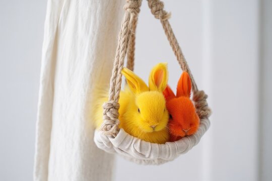 Yellow and orange toy rabbits sitting inside hanging macrame swing.