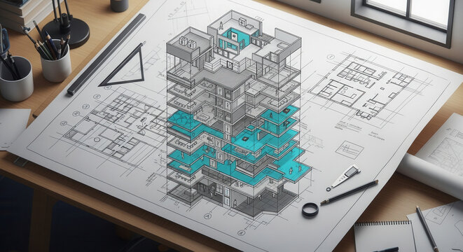 Architectural Blueprint Of A Modern Building Design In Progress