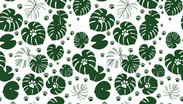 Jungle botany seamless background tile with green swiss cheese plant leaves and pet footprints silhouette pattern for wallpaper, fabric, and wrapping paper.