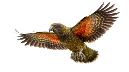 Kea parrot with orange wing feathers in flight, isolated on transparent background © pixogram